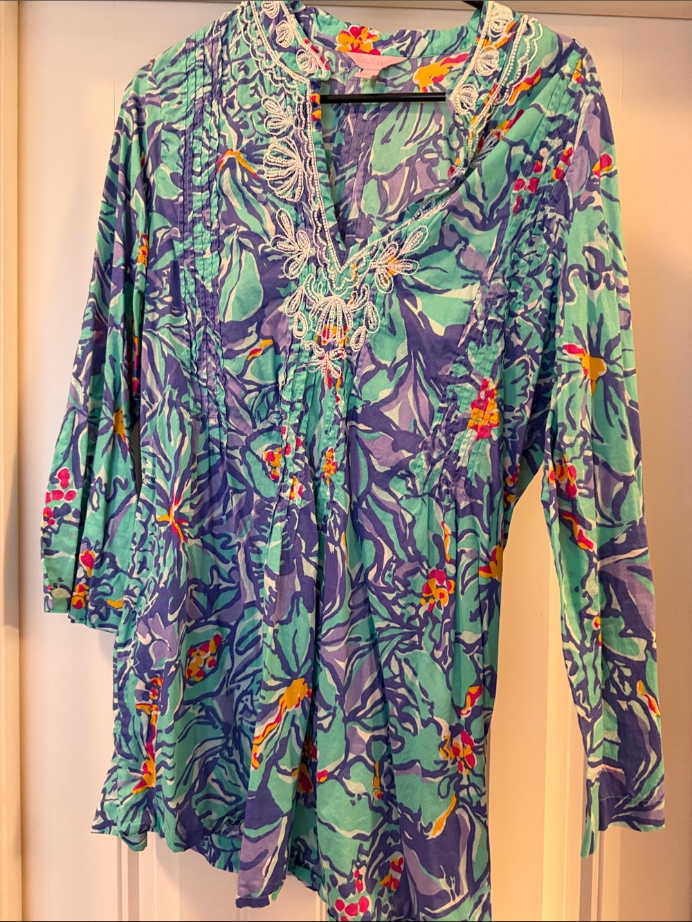 Lilly Pulitzer Turquoise & Blue Floral Embroidered V-Neck Tunic